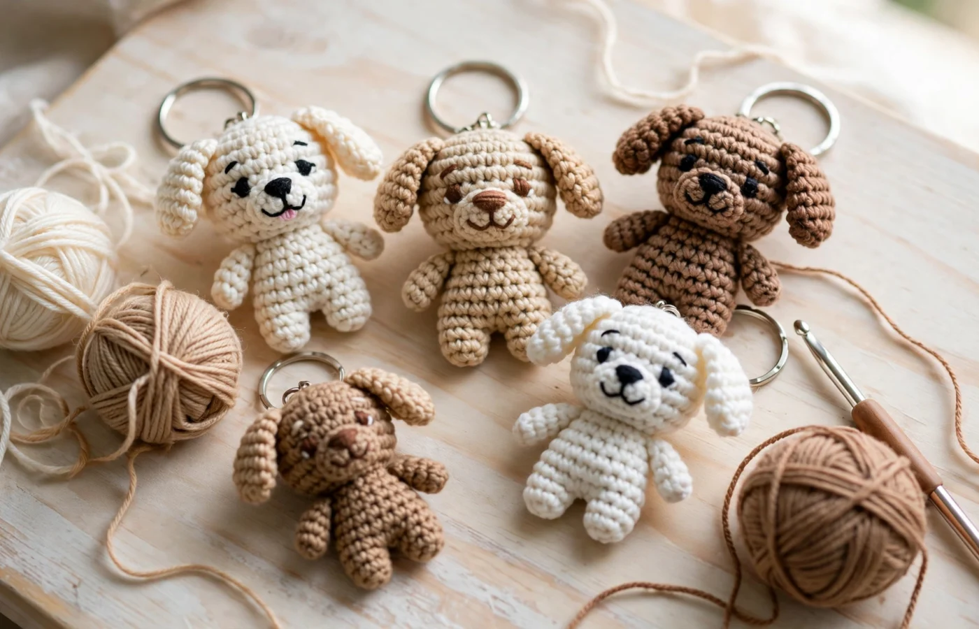 Several small crochet dog keychains in cream, tan and brown yarn with floppy ears arranged on a wooden surface with yarn balls