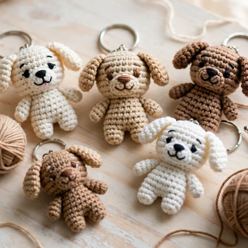 Several small crochet dog keychains in cream, tan and brown yarn with floppy ears arranged on a wooden surface with yarn balls
