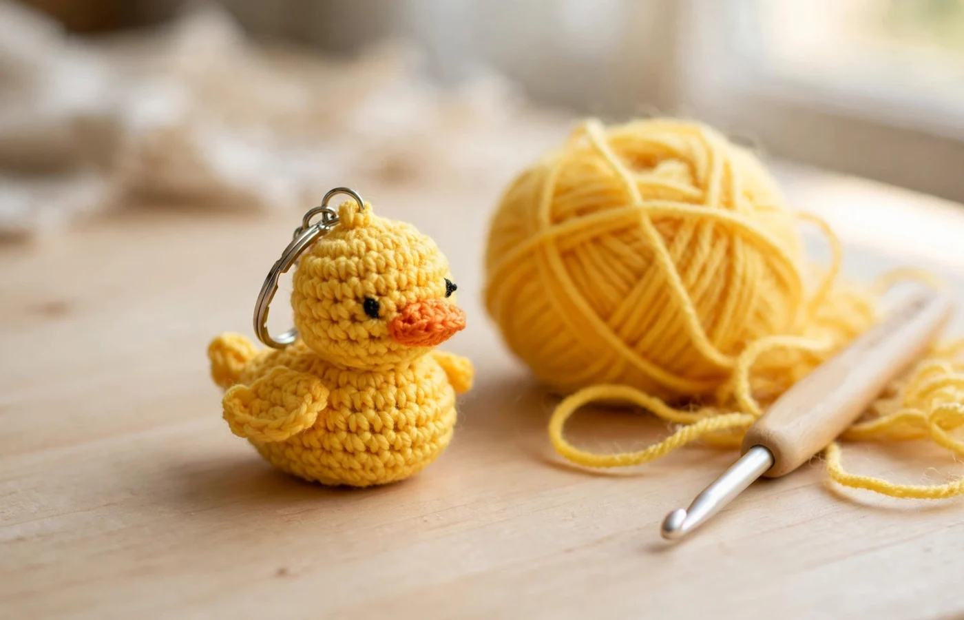 Yellow crochet duck keychain with orange beak next to a ball of yellow yarn and a crochet hook