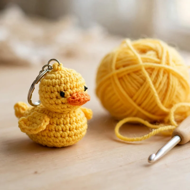Yellow crochet duck keychain with orange beak next to a ball of yellow yarn and a crochet hook