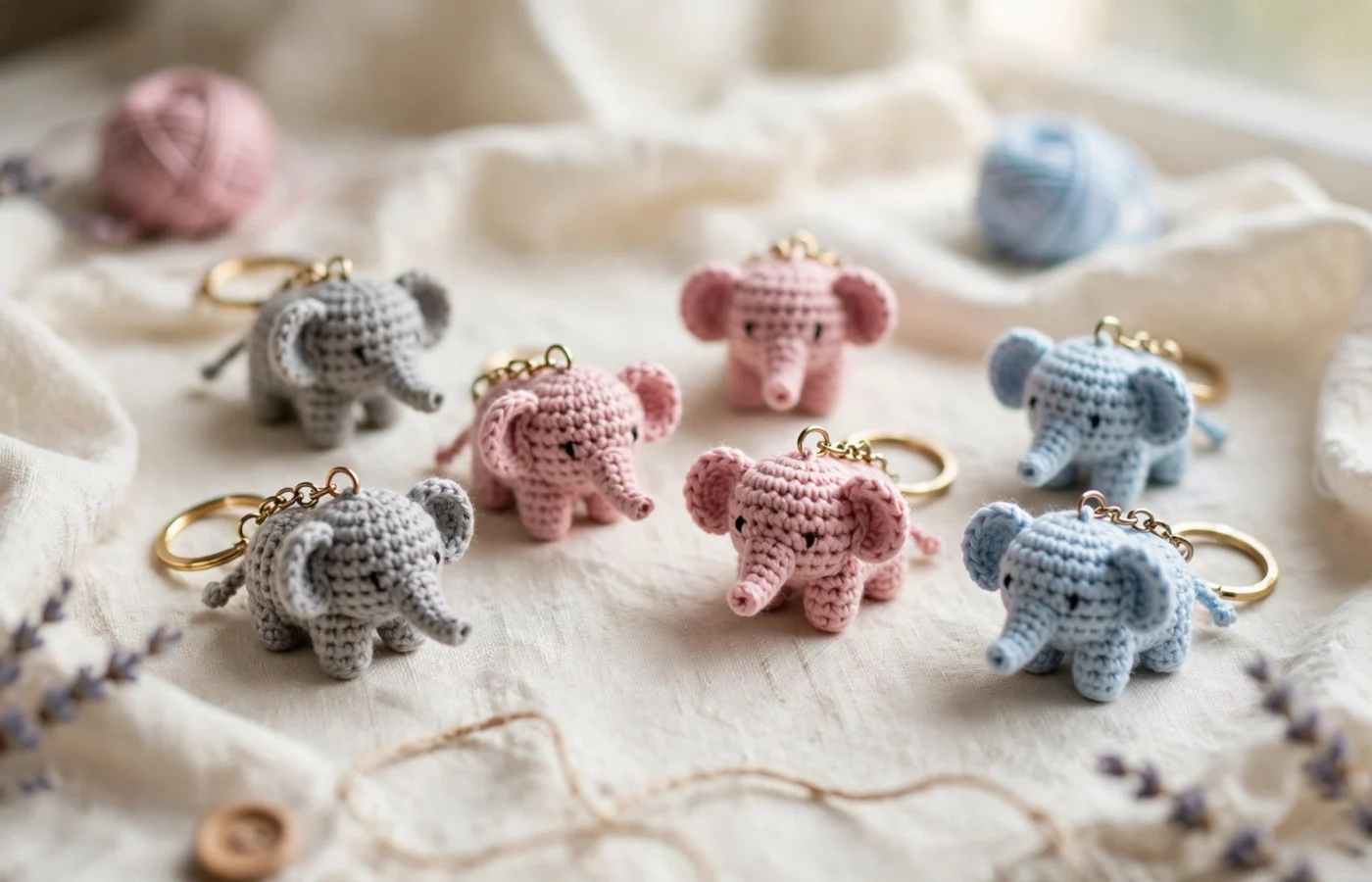 Small crochet elephant keychains in gray, pink and blue on cream linen fabric