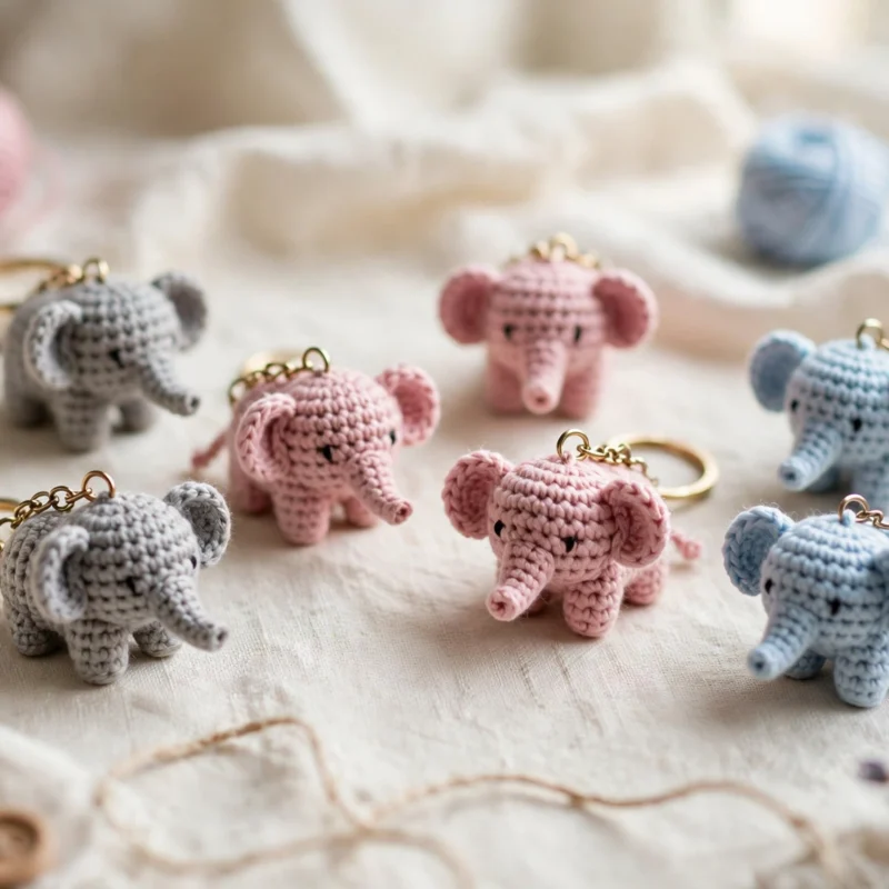 Small crochet elephant keychains in gray, pink and blue on cream linen fabric