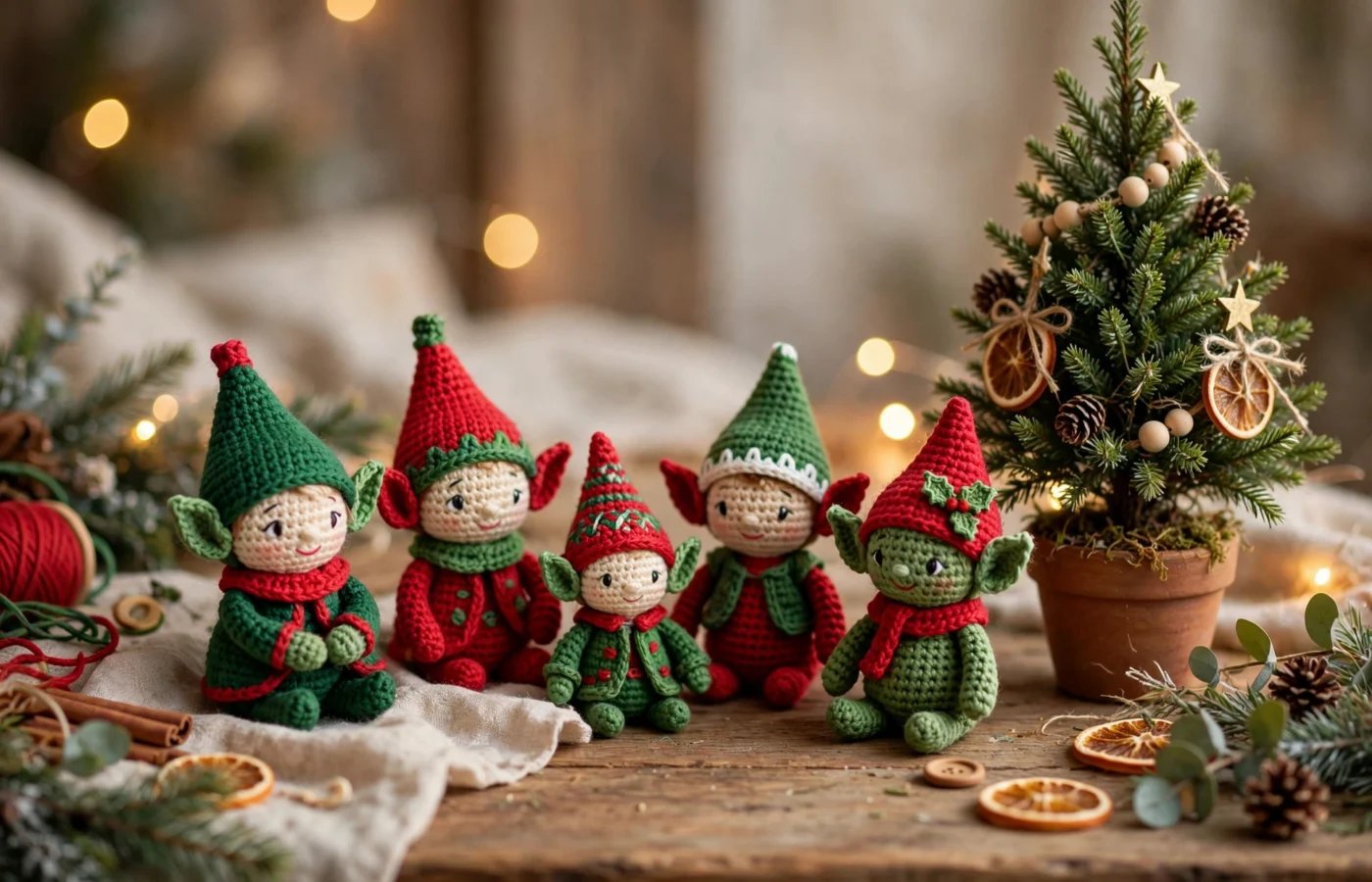 Several small crochet Christmas elf dolls in red and green yarn with pointed hats arranged on a wooden table beside a small Christmas tree