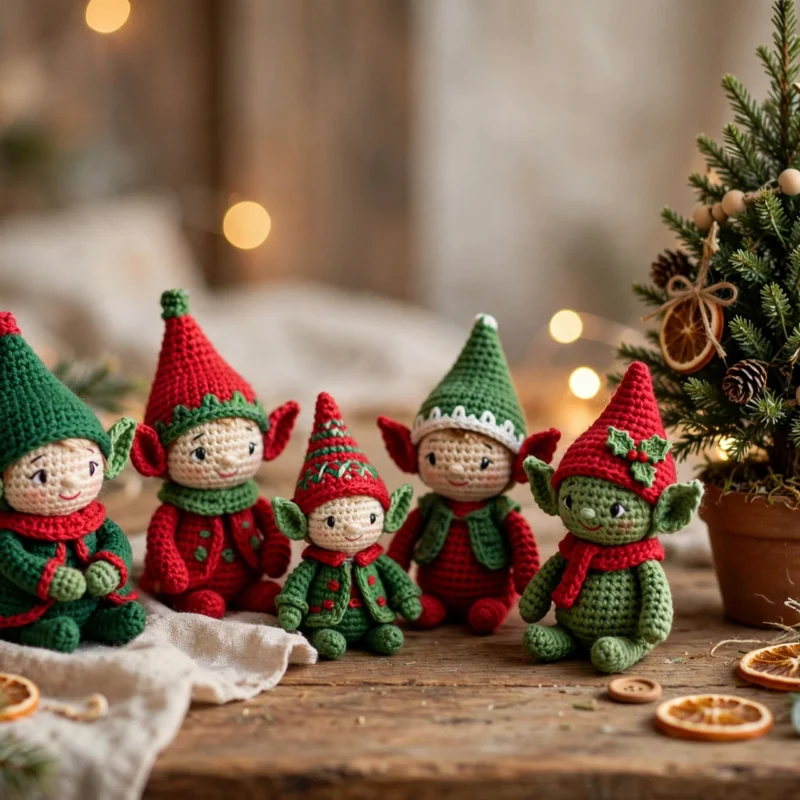 Several small crochet Christmas elf dolls in red and green yarn with pointed hats arranged on a wooden table beside a small Christmas tree