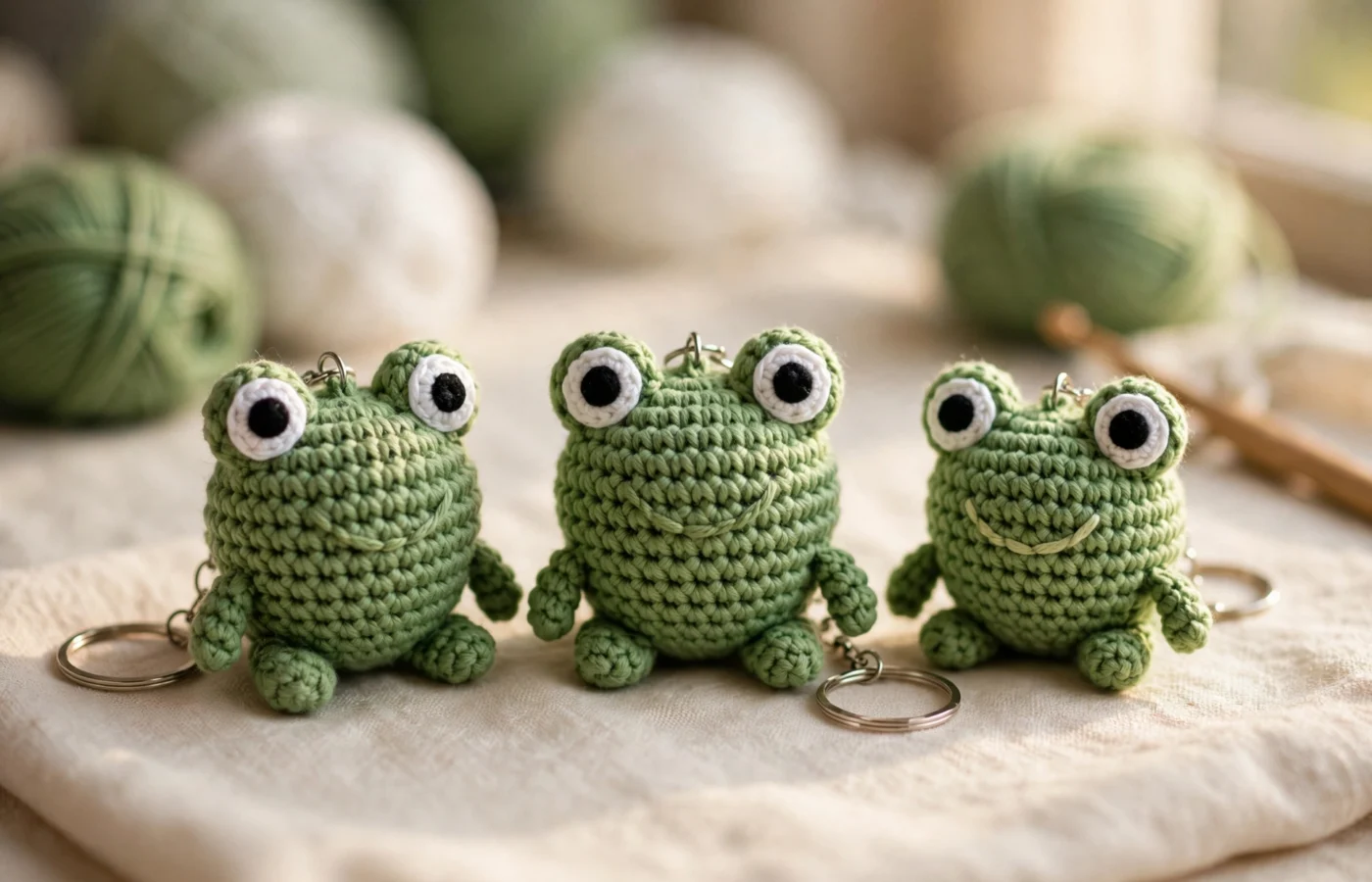Three green crochet frog keychains with big safety eyes on a linen cloth with yarn balls in the background
