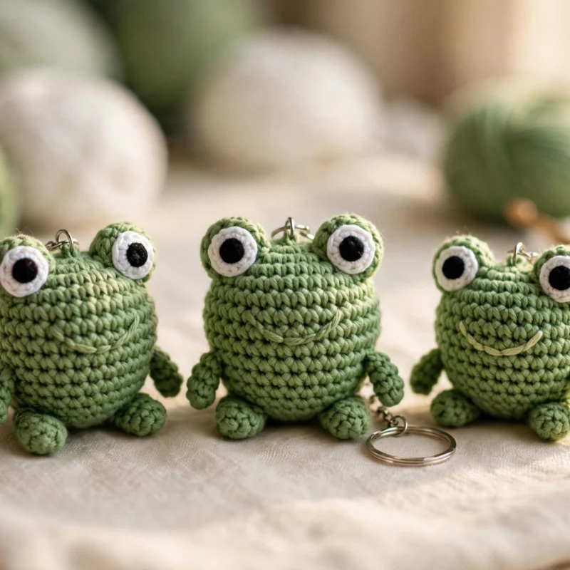 Three green crochet frog keychains with big safety eyes on a linen cloth with yarn balls in the background
