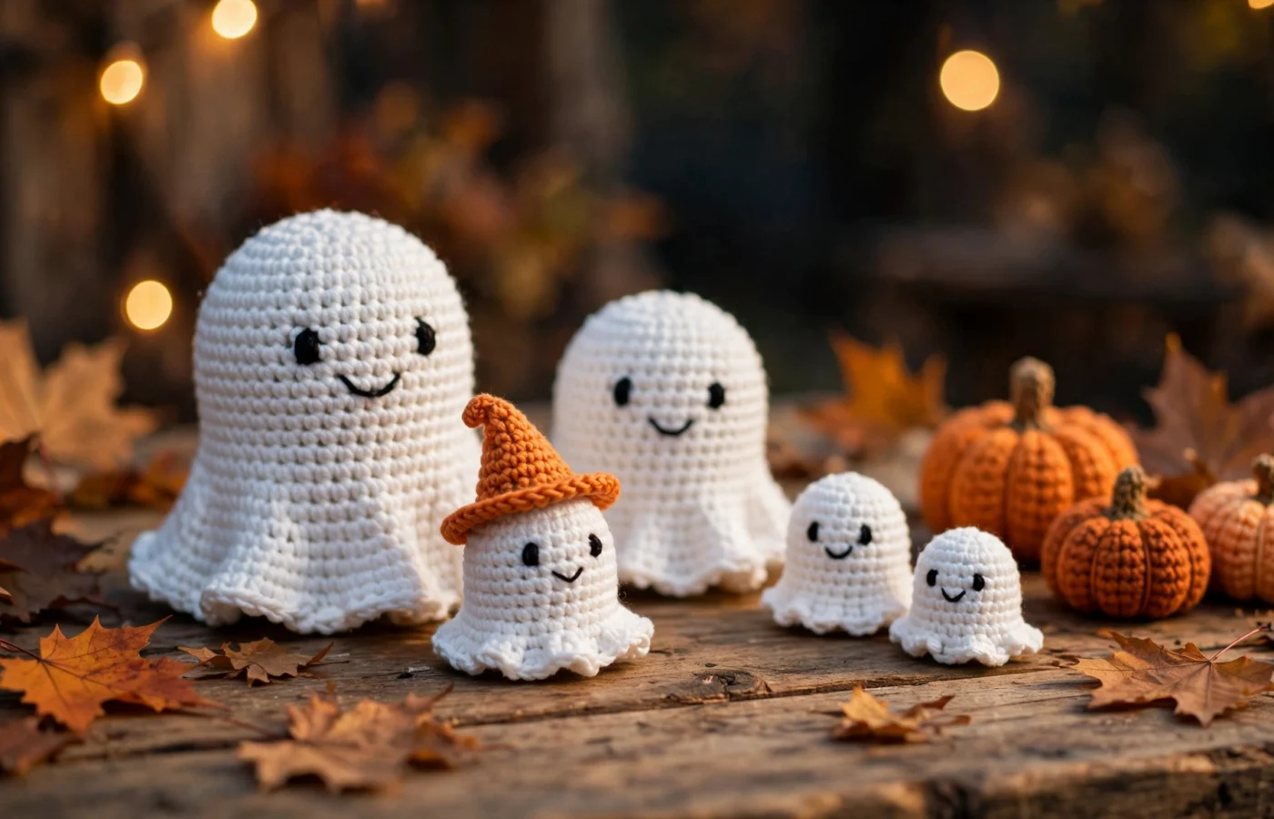 Five cute white crochet ghost amigurumi of different sizes on a wooden table with small crochet pumpkins, autumn leaves and warm string lights