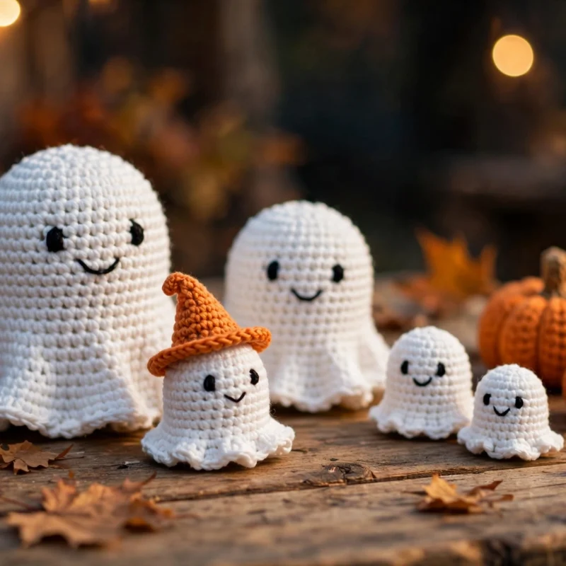 Five cute white crochet ghost amigurumi of different sizes on a wooden table with small crochet pumpkins, autumn leaves and warm string lights