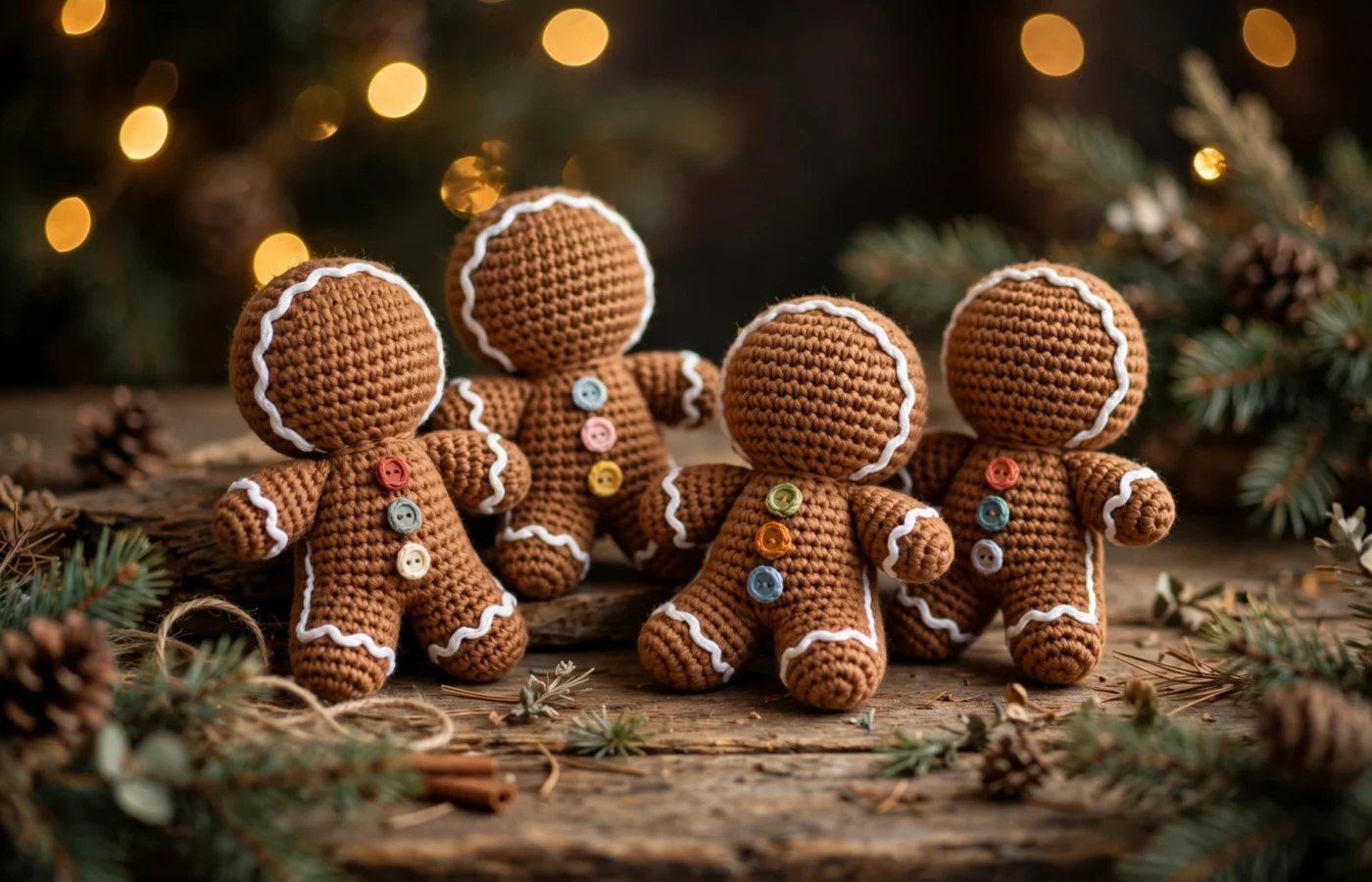 Four crocheted gingerbread men with white icing trim and colorful buttons in front of Christmas lights