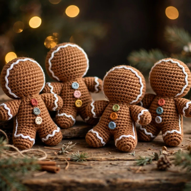 Four crocheted gingerbread men with white icing trim and colorful buttons in front of Christmas lights