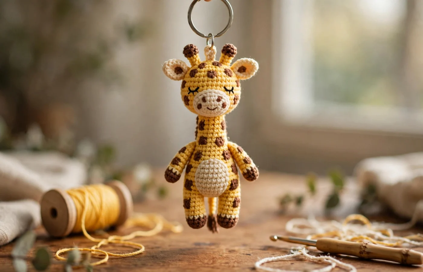 Crocheted yellow giraffe amigurumi keychain with brown spots hanging from a silver keyring on a wooden table, with a spool of yellow yarn and a crochet hook.