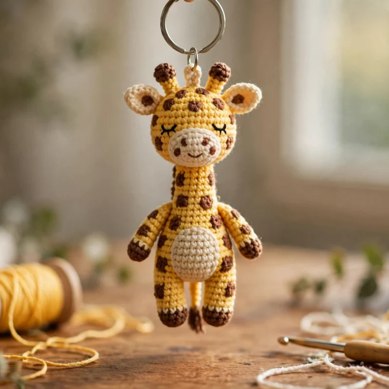 Crocheted yellow giraffe amigurumi keychain with brown spots hanging from a silver keyring on a wooden table, with a spool of yellow yarn and a crochet hook.