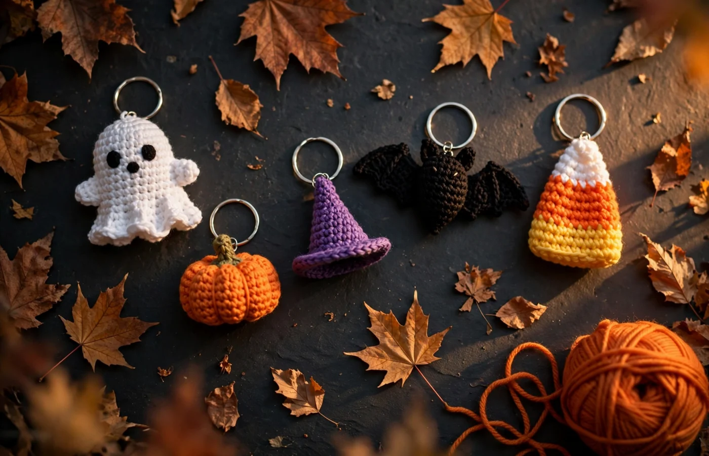 Flat lay of mini crochet Halloween keychains — ghost, pumpkin, witch hat, bat and candy corn — on a dark background with autumn leaves