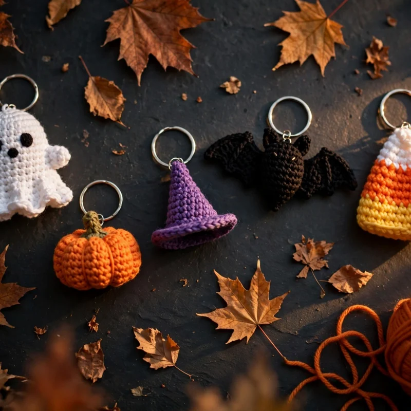 Flat lay of mini crochet Halloween keychains — ghost, pumpkin, witch hat, bat and candy corn — on a dark background with autumn leaves