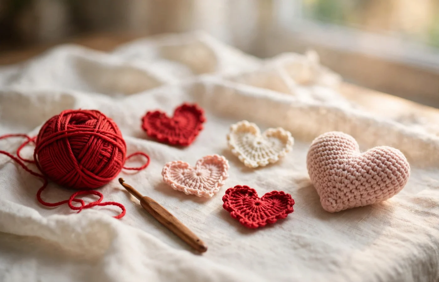 Red, pink and cream handmade crochet hearts with red yarn and a wooden crochet hook on linen