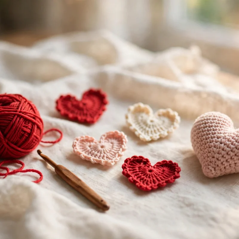 Red, pink and cream handmade crochet hearts with red yarn and a wooden crochet hook on linen