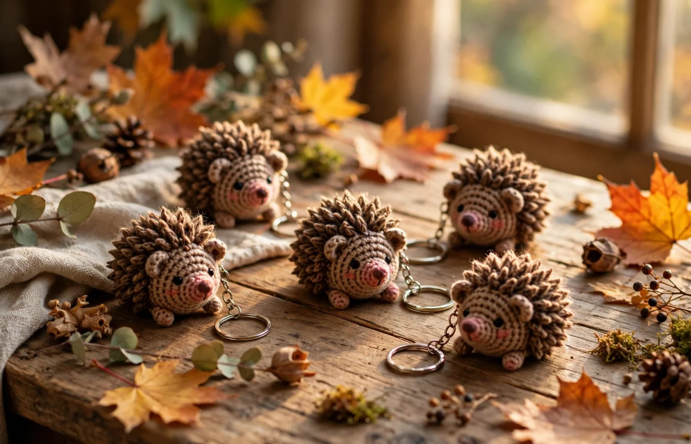 Five small crochet hedgehog keychains with spiky brown backs and embroidered faces on a rustic wooden table with autumn leaves.