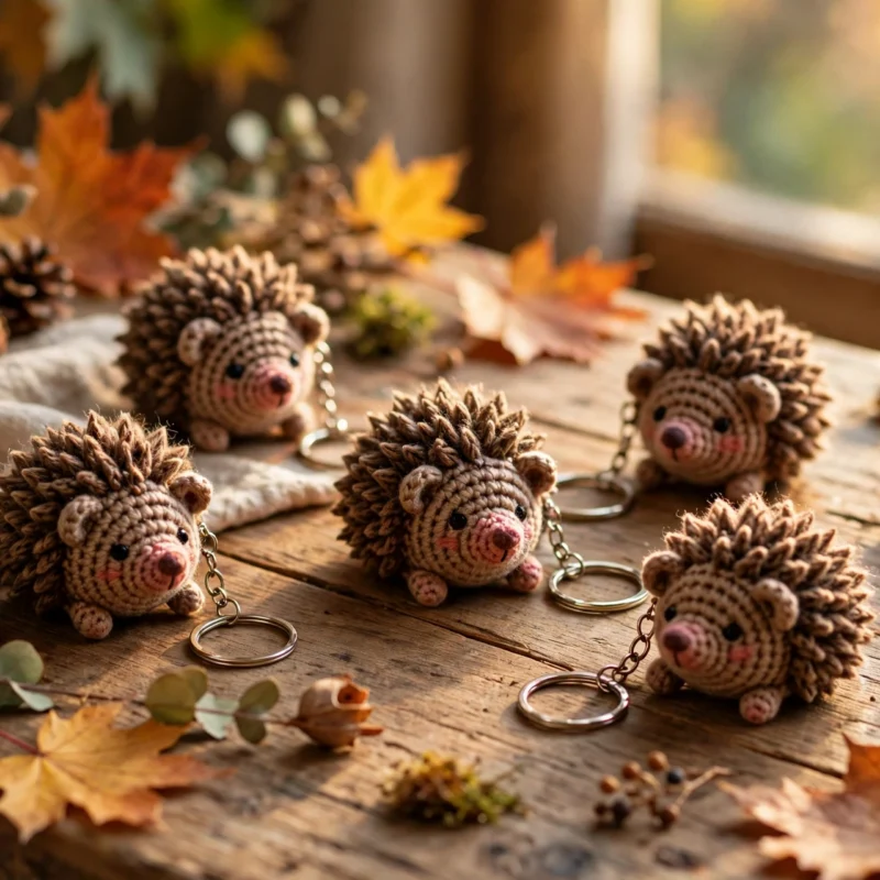 Five small crochet hedgehog keychains with spiky brown backs and embroidered faces on a rustic wooden table with autumn leaves.