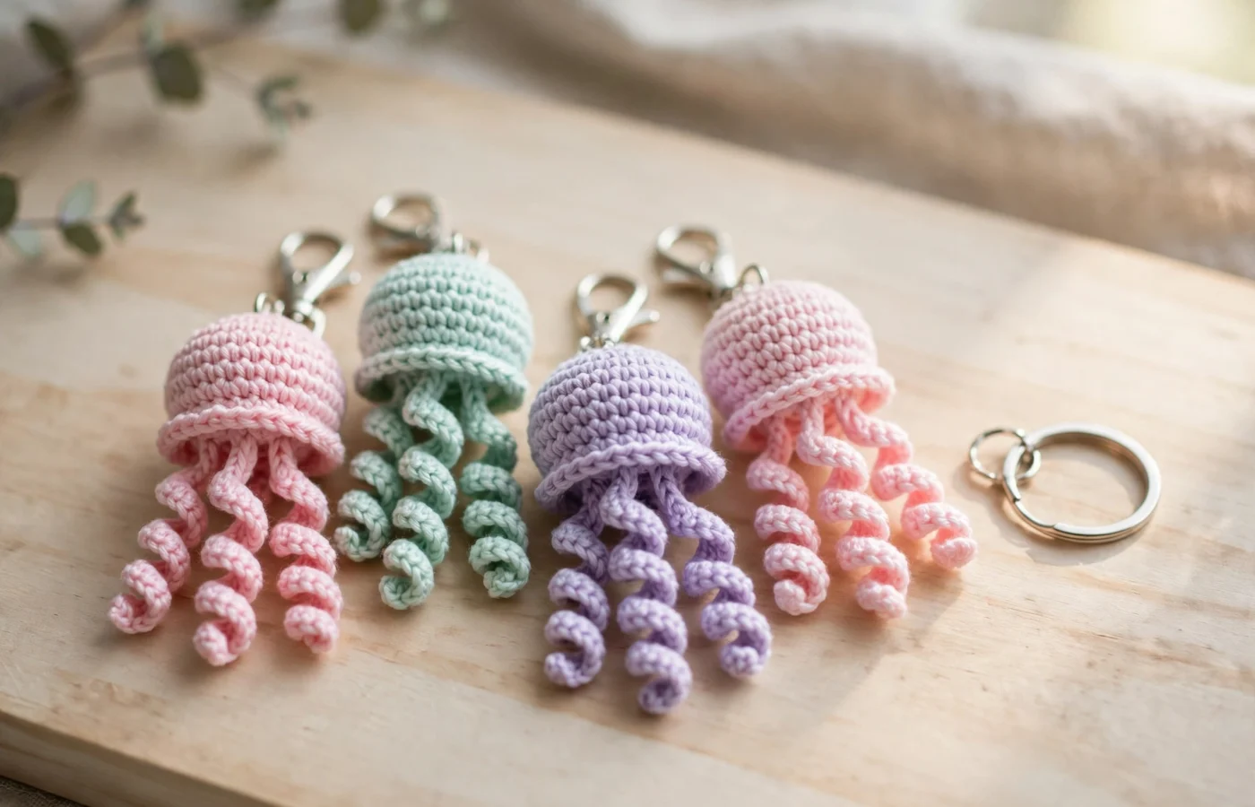 Four pastel crochet jellyfish keychains in pink, mint and lavender with curly tentacles on a wooden surface beside a keyring