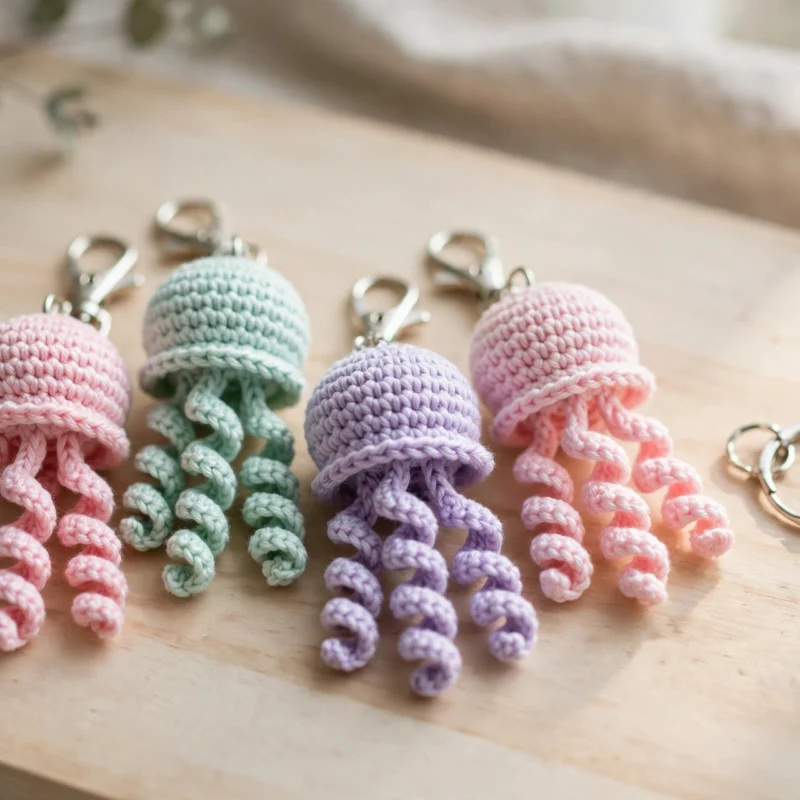 Four pastel crochet jellyfish keychains in pink, mint and lavender with curly tentacles on a wooden surface beside a keyring