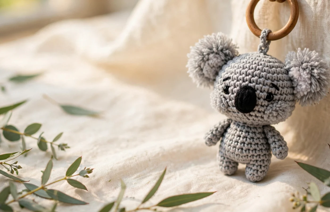 Handmade gray crochet koala amigurumi keychain hanging from a wooden keyring on cream linen with eucalyptus leaves