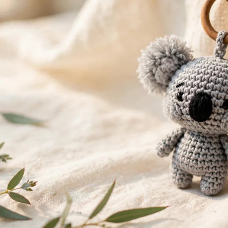 Handmade gray crochet koala amigurumi keychain hanging from a wooden keyring on cream linen with eucalyptus leaves