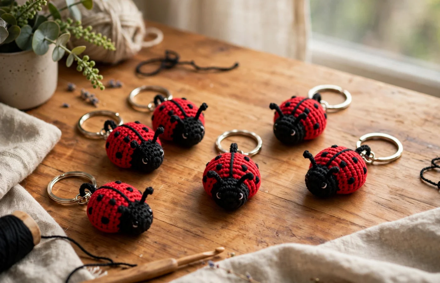 Crochet ladybug keychains with red spotted bodies and black heads arranged on a craft table
