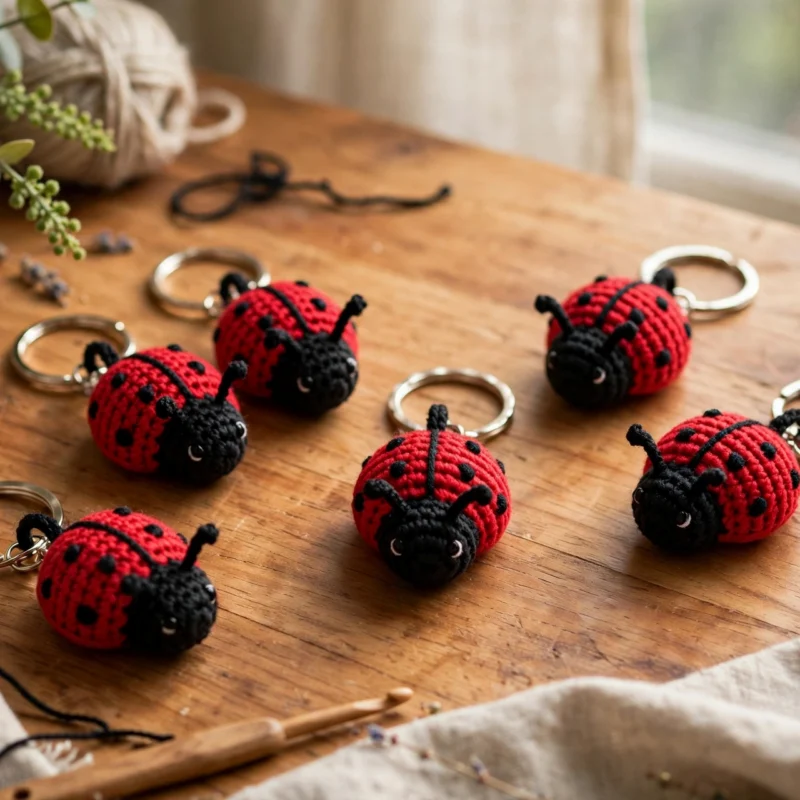 Crochet ladybug keychains with red spotted bodies and black heads arranged on a craft table