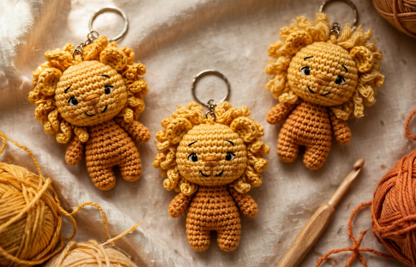 Three handmade crochet lion keychains with golden-yellow yarn manes and metal keyrings arranged on beige linen beside yarn balls and a crochet hook.