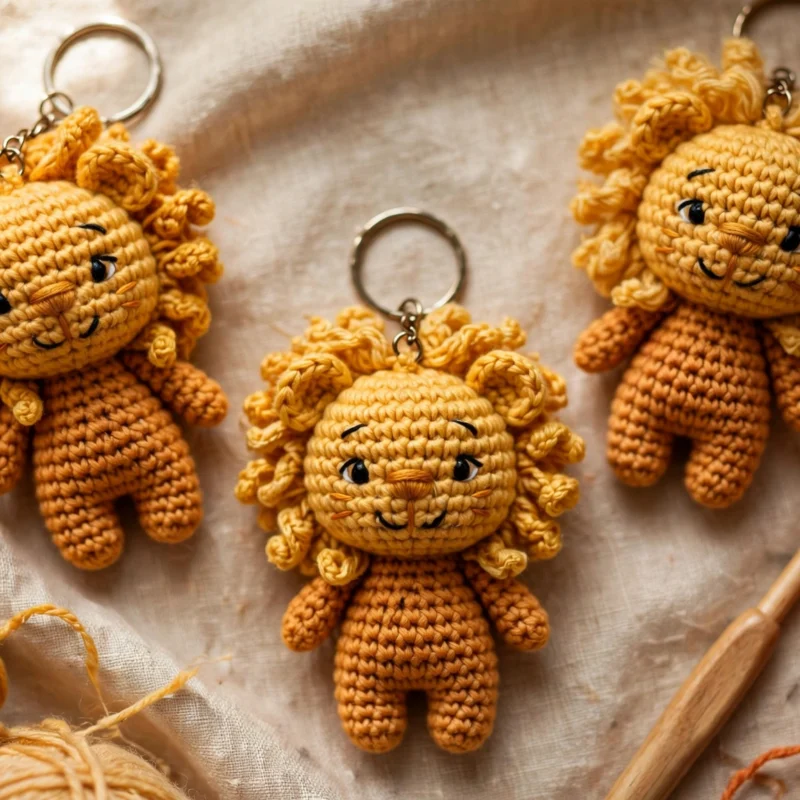 Three handmade crochet lion keychains with golden-yellow yarn manes and metal keyrings arranged on beige linen beside yarn balls and a crochet hook.