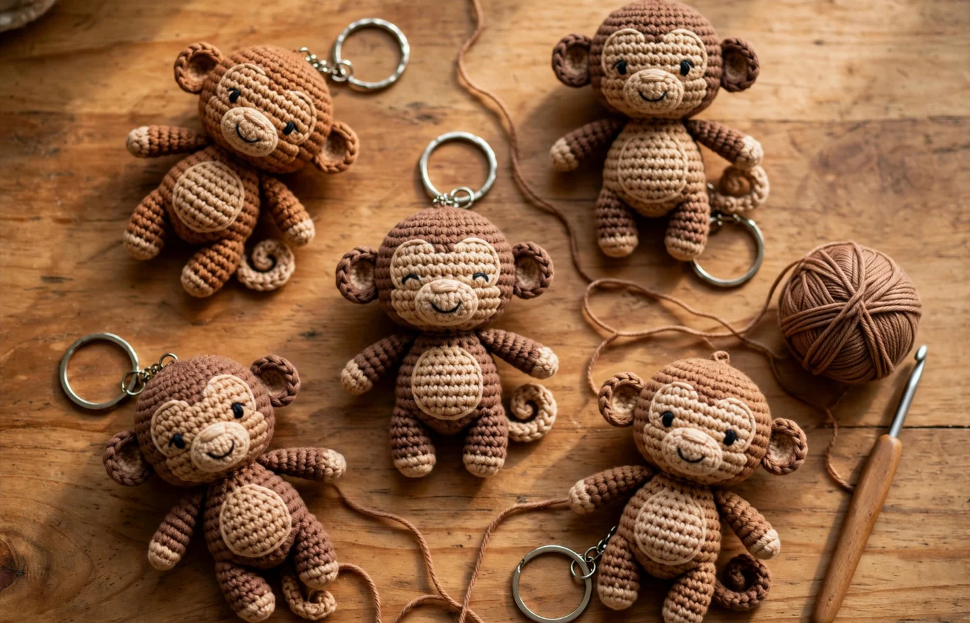 Handmade crochet monkey keychains in brown and tan yarn arranged on a wooden table with yarn and a crochet hook.