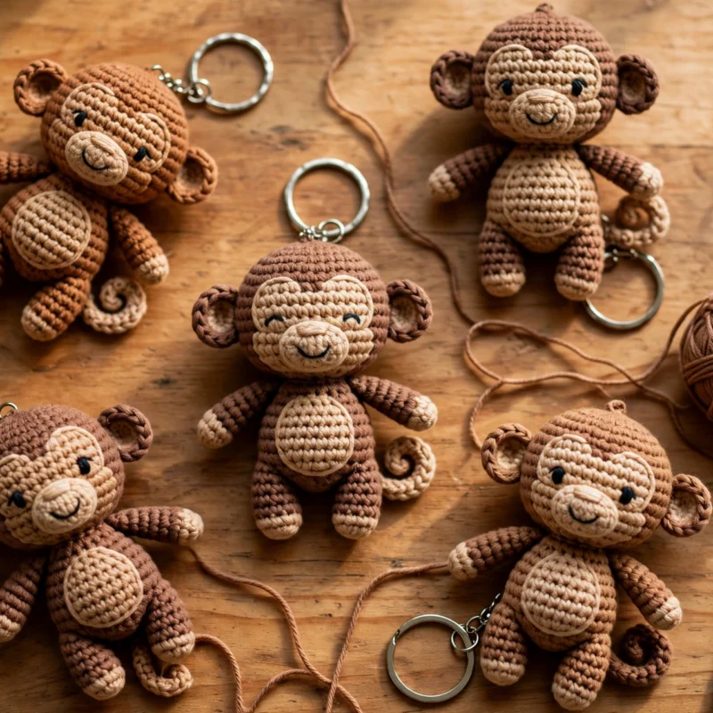 Handmade crochet monkey keychains in brown and tan yarn arranged on a wooden table with yarn and a crochet hook.