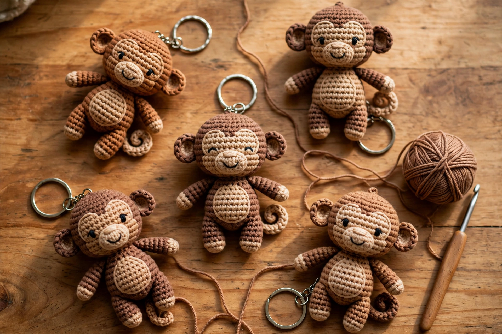 Handmade crochet monkey keychains in brown and tan yarn arranged on a wooden table with yarn and a crochet hook.