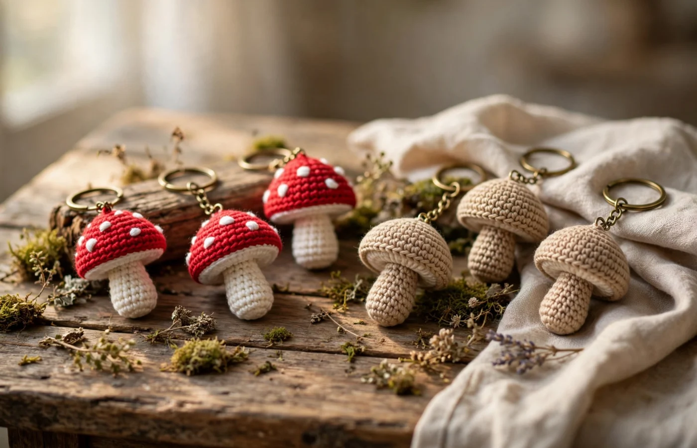 Handmade crochet mushroom keychains with red spotted caps and natural beige caps on a wooden table