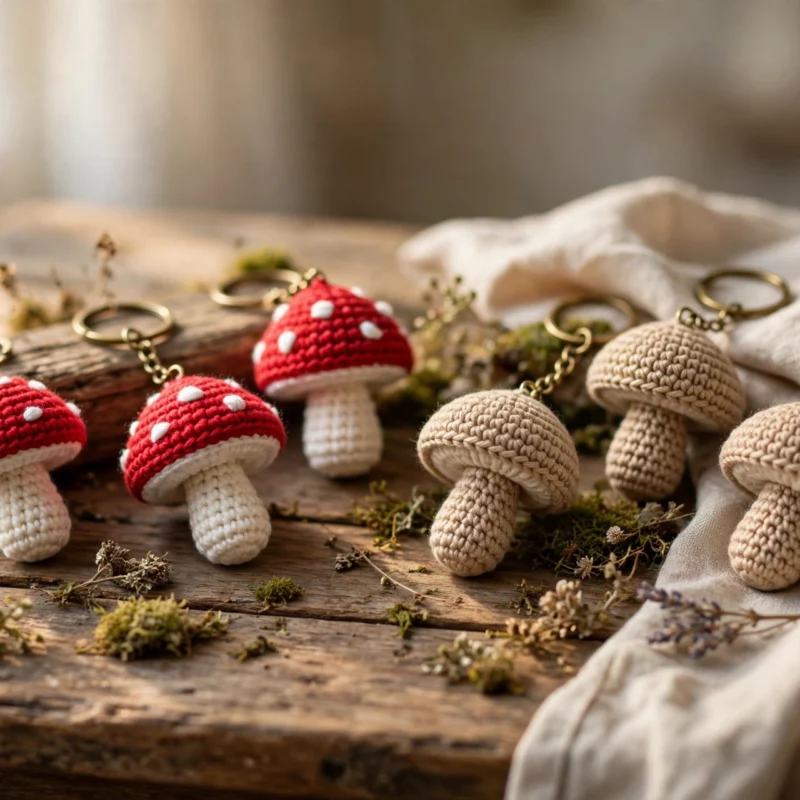 Handmade crochet mushroom keychains with red spotted caps and natural beige caps on a wooden table