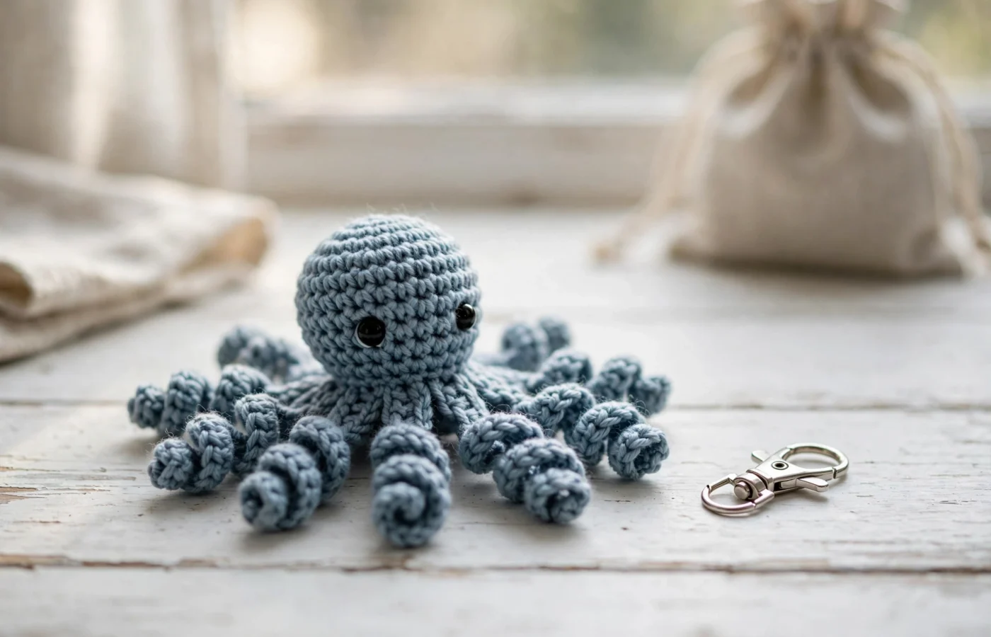 Handmade blue crochet octopus keychain with curly tentacles and a silver lobster clasp on a white desk