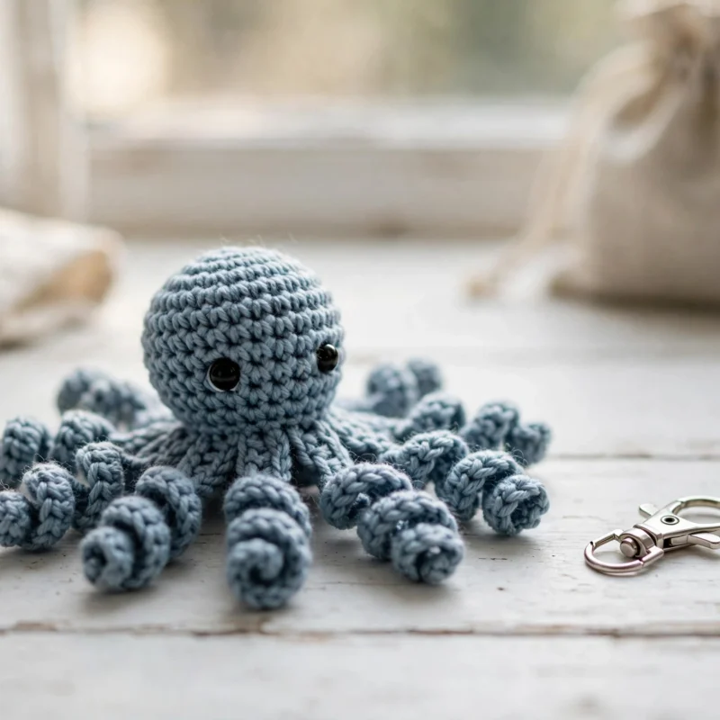 Handmade blue crochet octopus keychain with curly tentacles and a silver lobster clasp on a white desk