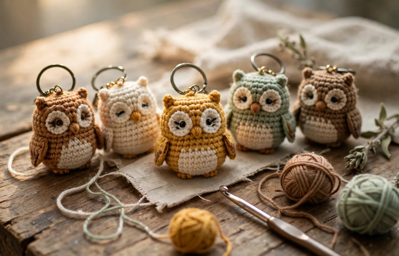 Five small crochet owl keychains in brown, cream, mustard and sage yarn on a rustic wooden table with yarn balls and a crochet hook