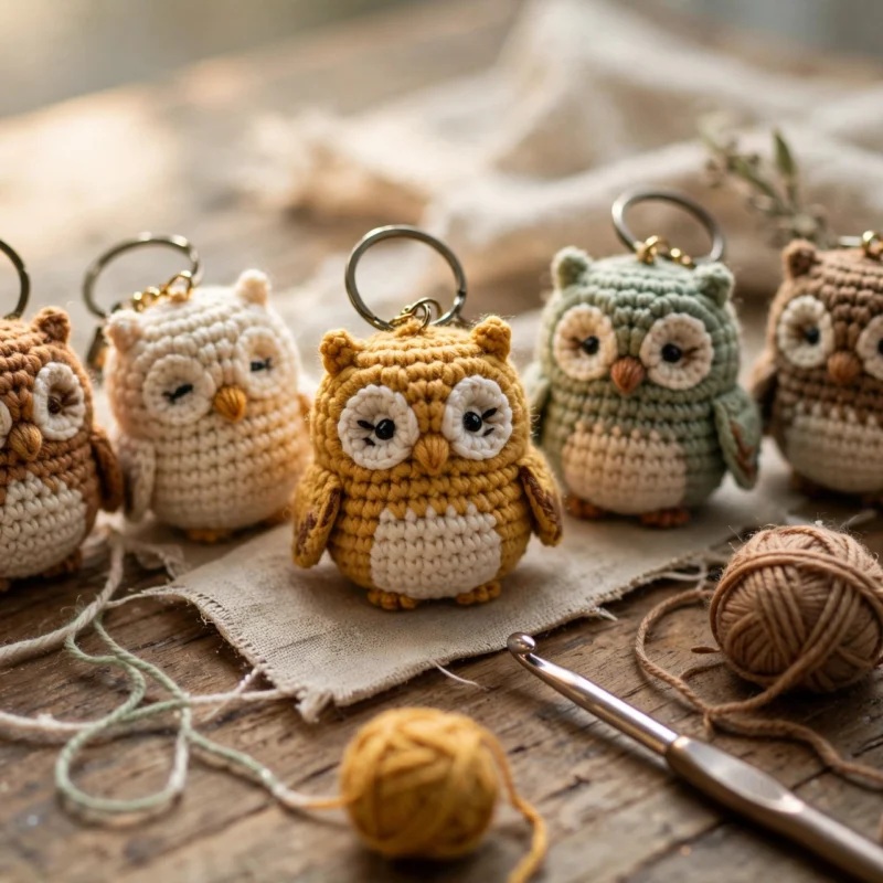 Five small crochet owl keychains in brown, cream, mustard and sage yarn on a rustic wooden table with yarn balls and a crochet hook