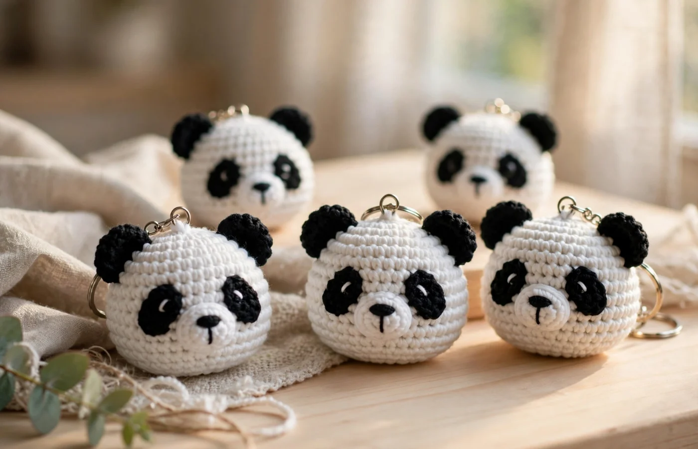 Five cute crochet panda keychains with key rings on a wooden craft table