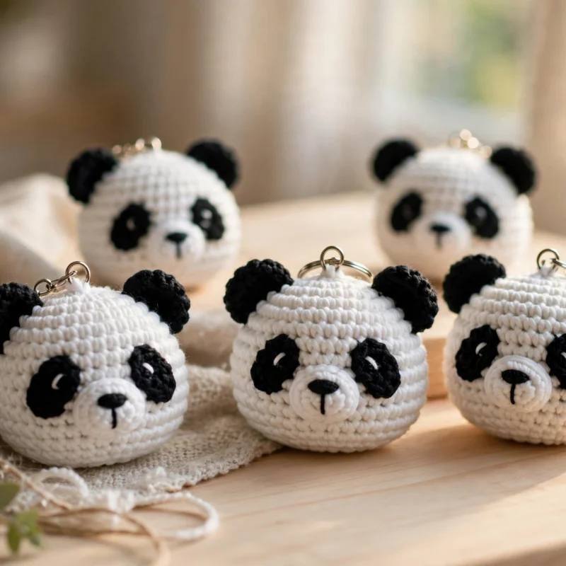 Five cute crochet panda keychains with key rings on a wooden craft table