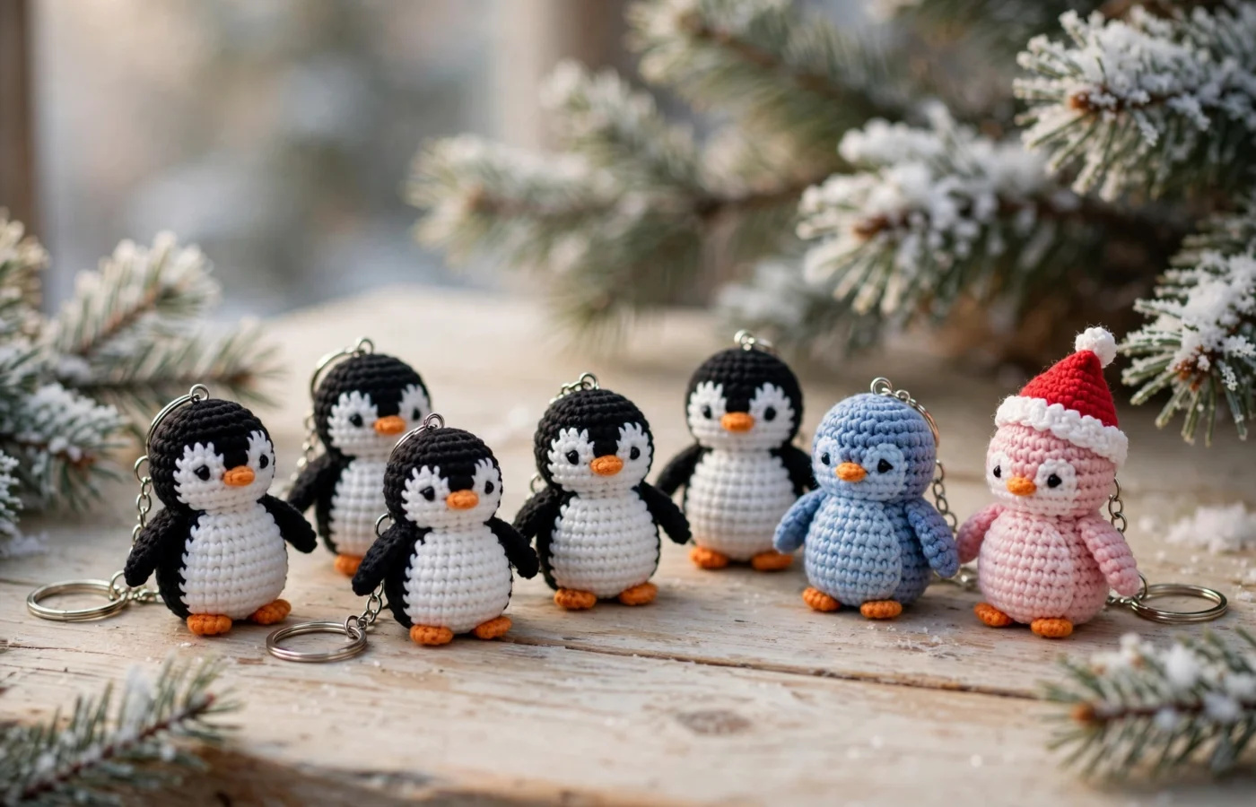 Handmade crocheted penguin keychains in black, blue and pink with silver keychain rings on a wooden table with winter pine sprigs