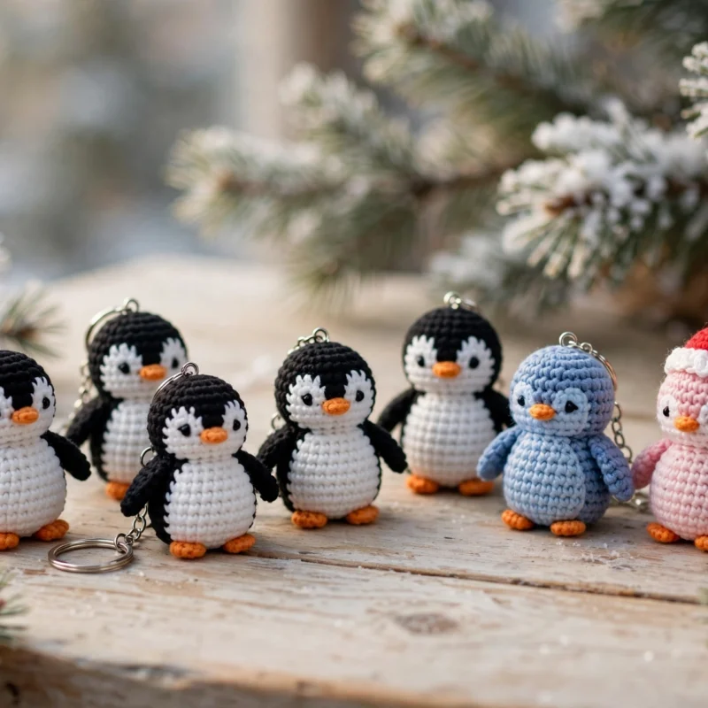 Handmade crocheted penguin keychains in black, blue and pink with silver keychain rings on a wooden table with winter pine sprigs
