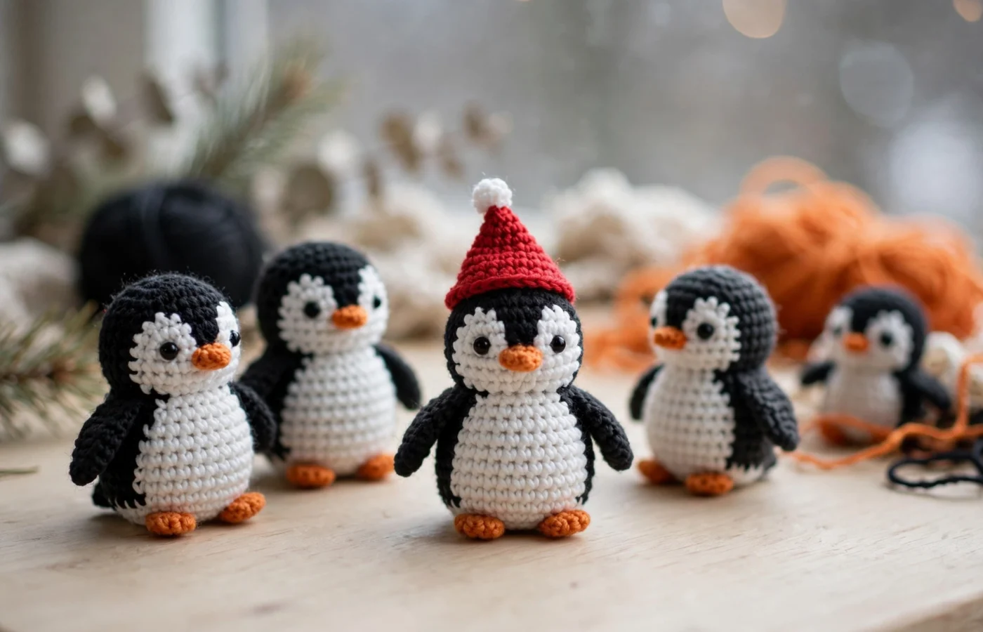 Several small crochet penguin amigurumi on a wooden table, one wearing a tiny red Santa hat