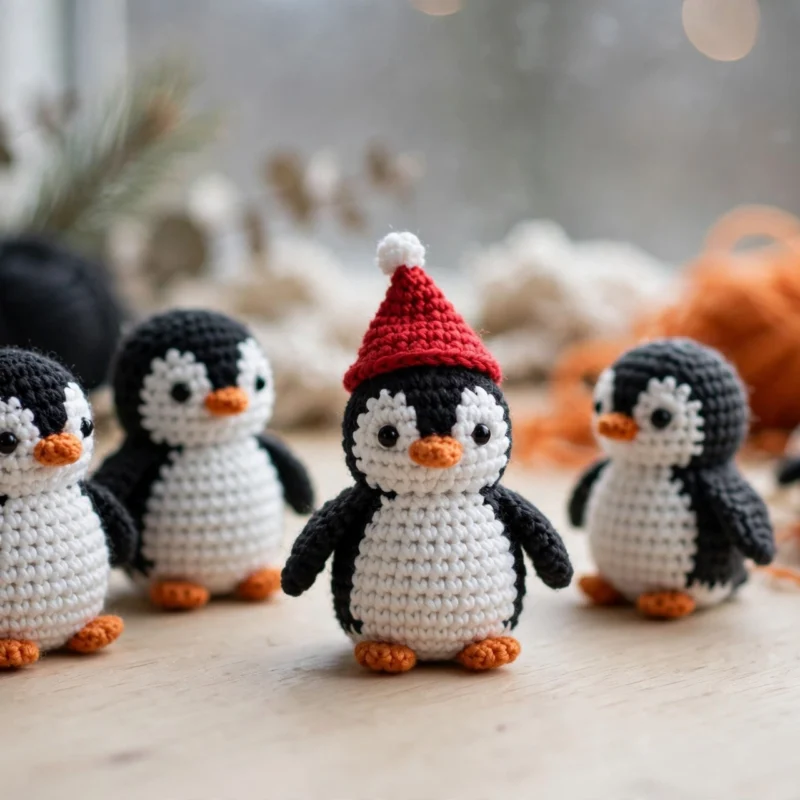 Several small crochet penguin amigurumi on a wooden table, one wearing a tiny red Santa hat