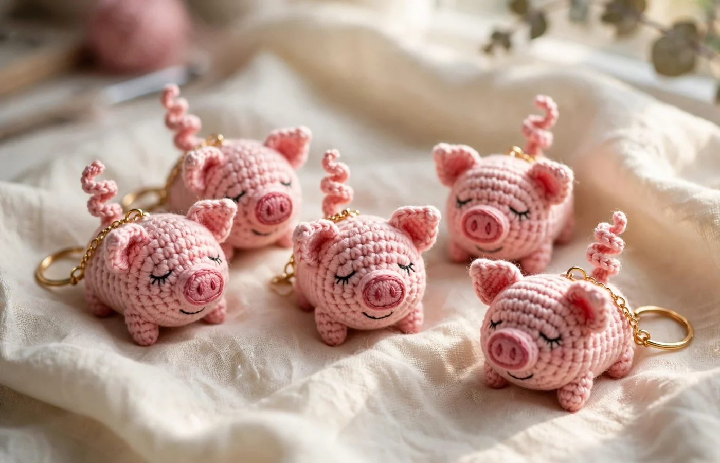 Five tiny pink crochet pig keychains with curly tails and gold keyrings on cream linen fabric