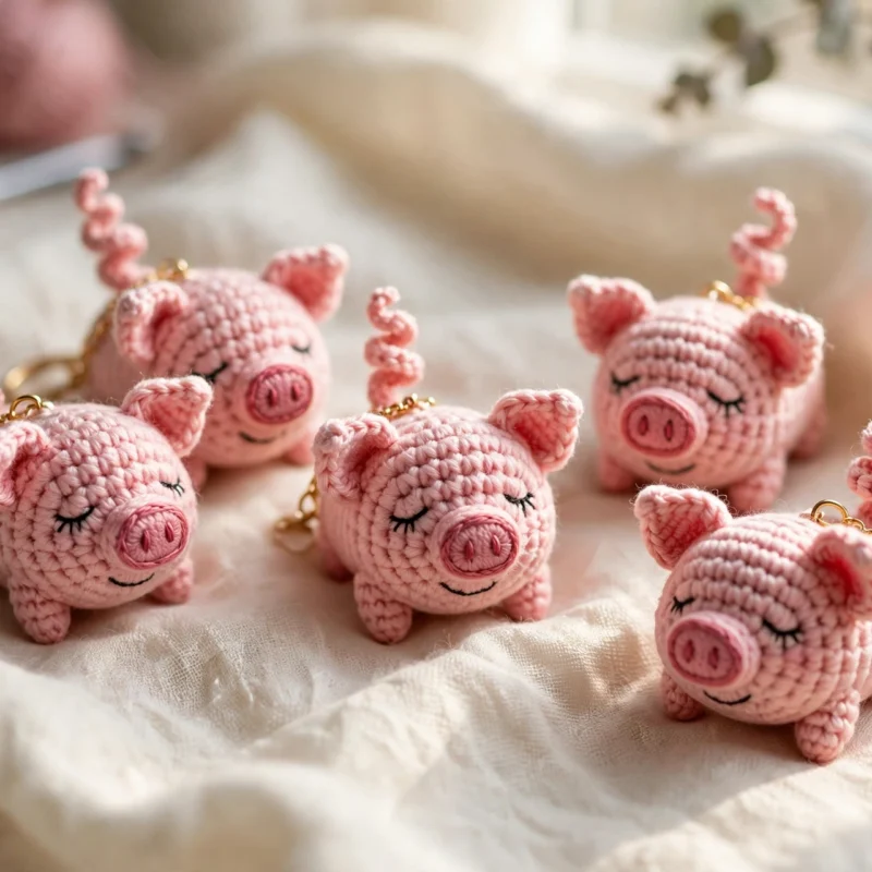 Five tiny pink crochet pig keychains with curly tails and gold keyrings on cream linen fabric
