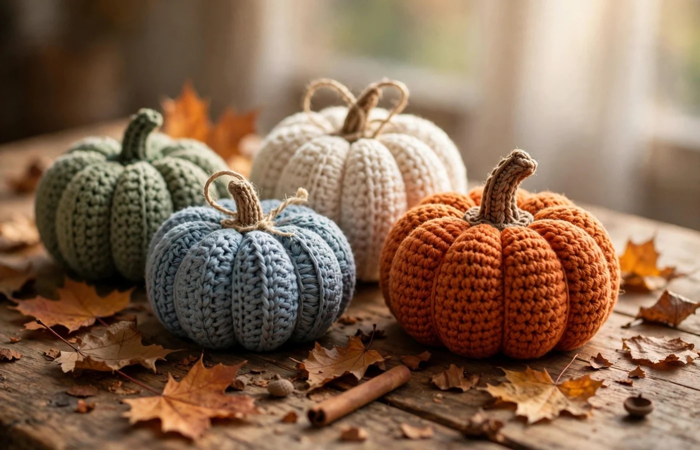 Handmade crocheted pumpkins in orange, cream, sage and blue yarn on a rustic wooden table