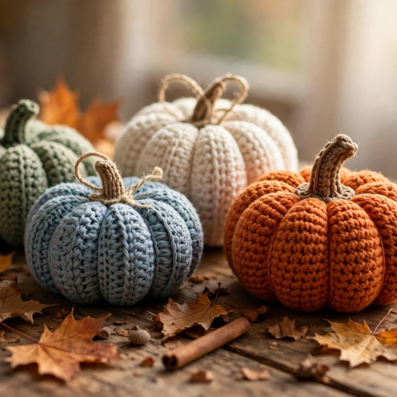 Handmade crocheted pumpkins in orange, cream, sage and blue yarn on a rustic wooden table