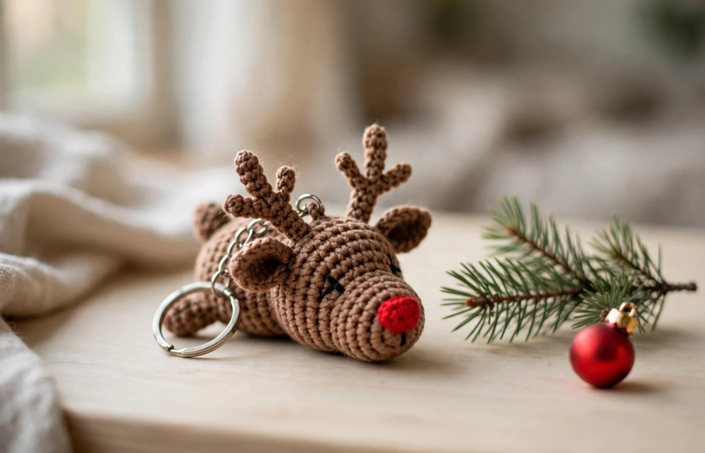 Crocheted reindeer keychain with a red nose and metal keyring resting on a wooden table beside a pine sprig and a red Christmas bauble
